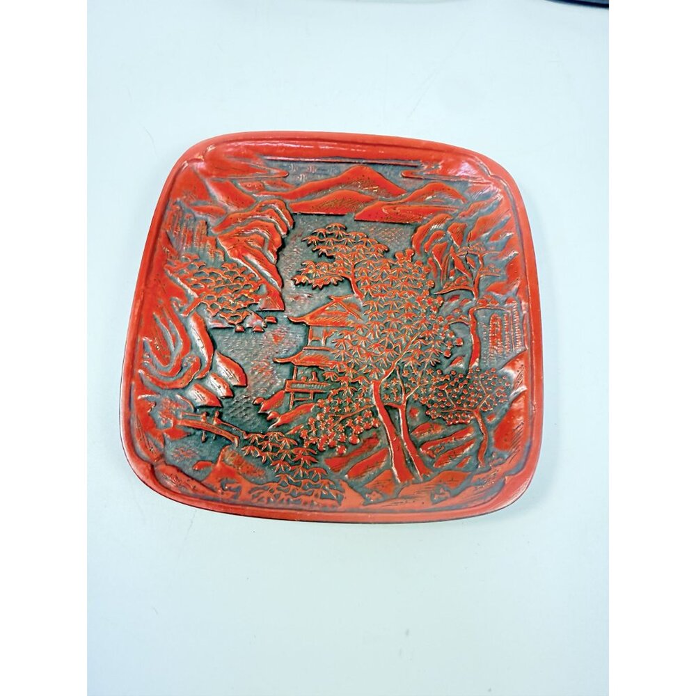 Appitizer Plates Set 3 Vintage Japanese Cinnabar Lacquer Ware Oriental Pagoda - Picture 9 of 12